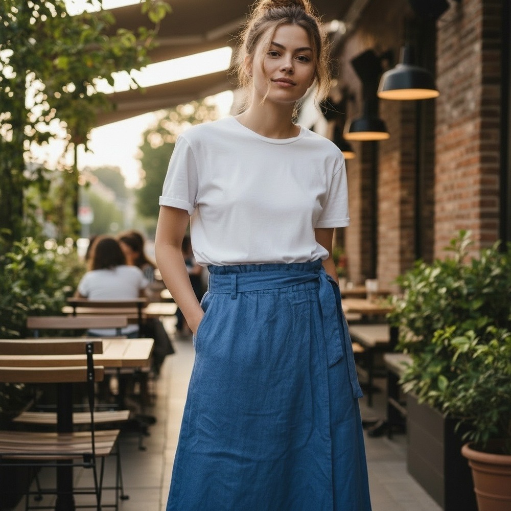 NWT Scotch & Soda L Blue Cupro Paperbag Waist Midi‎ Skirt Tie Belt Minimalist